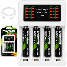 Akkumulátortöltő AA és AAA újratölthető elemekhez, 4 db 2800 mAh AA elemmel