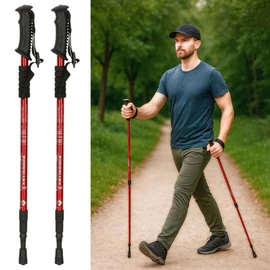 2 db-os nordic walking túrabot készlet, kiegészítőkkel, 65-135 cm kihúzható, piros