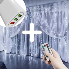 300 micro LED-es USB-s beltéri fényfüggöny, 8 világítási móddal, távirányítóval, hideg fehér