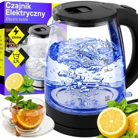 Vezeték nélküli edzett üveg vízforraló,  1,7 L 2200 W csendes, LED háttérvilágítással