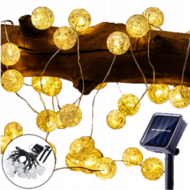 Napelemes dekor gömb kerti LED fényfüzér, meleg fehér, 40 db izzóval