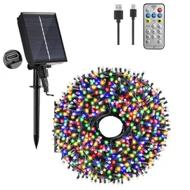 Hybrid tölthető-napelemes 240 LED-es 10,8 m hosszú fényfüzér, RGB színes, 8 világítási móddal, időzíthető, távvezérlős