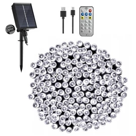 Hybrid tölthető-napelemes 480 LED-es 21,6 m hosszú fényfüzér, hideg fehér, 8 világítási móddal, időzíthető, távvezérlős