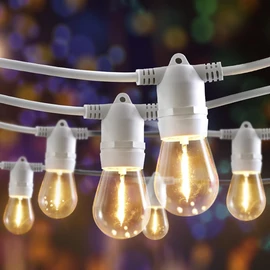 20 LED-es hosszabbítható fehér gumi vezetékes lámpafüzér, teraszvilágítás, időzíthető, IP44, G50, 14,5 m - meleg fehér