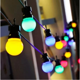 15 m-es 20 LED-es hosszabbítható fekete gumi vezetékes lámpafüzér, teraszvilágítás, időzíthető, IP44, - színes
