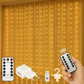 300 micro LED-es USB-s beltéri fényfüggöny, 8 világítási móddal, távirányítóval, meleg fehér