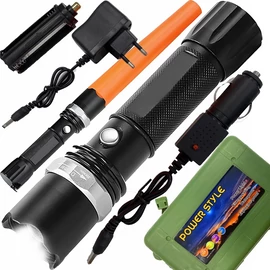 Extra erős vízállló taktikai CREE Q5 XP LED zoom katonai zseblámpa, hálózati és autós töltővel, 3 világítási móddal