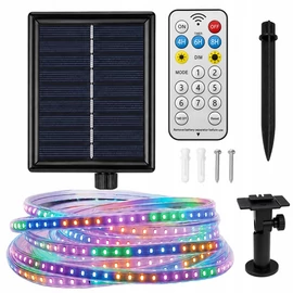 5 méteres kültéri vízálló IP65 LED szalag napelemes tápegységgel, RGB színes, távirányító, Időzíthető 4/6/8 órás működés, 8 féle fényjátékkal