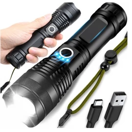 Extra erős vízállló taktikai LED zoom katonai zseblámpa, USB-s, 5 világítási móddal