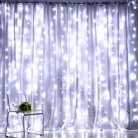 300 micro LED-es USB-s beltéri fényfüggöny, 8 világítási móddal, távirányítóval, hideg fehér