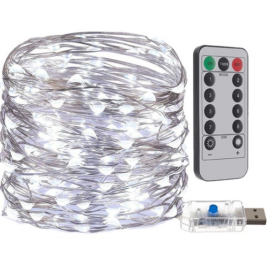 300 micro LED-es USB beltéri fényfüzér, 8 világítási móddal, hideg fehér, 30 m 