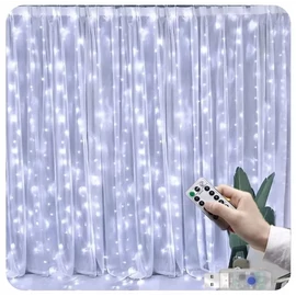 200 micro LED-es USB-s beltéri fényfüggöny, 8 világítási móddal, távirányítóval, hideg fehér