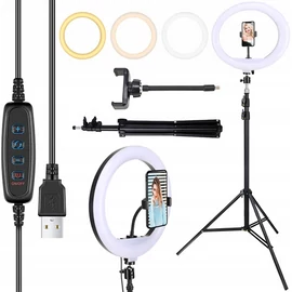 TikTok Állítható okostelefon állvány + selfie 30 cm gyűrűs LED, fehér, 220 cm, 80 W