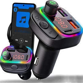 HT FM transzmitter, iOS és Android bluetooth 5.0 kompatibilis, RGB világítás, autós töltő, 2x usb + usb-c