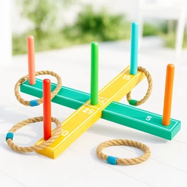Klasszikus Retro fa karika dobó játék, 4 db karikával 12 cm, 42 x 42 x 17 cm  