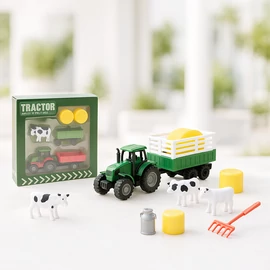 KidsToys játék traktor pótkocsival, szalmabálával és szerszámokkal, 7 cm ABS