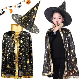 Varázsló köpeny és kalap, jelmez halloweenre fekete csillagos,  26118_L