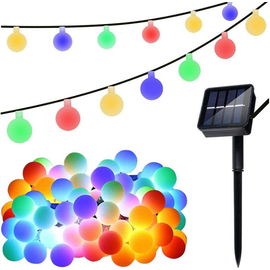 Napelemes dekor gömb kerti LED fényfüzér, színes, 40 db izzóval