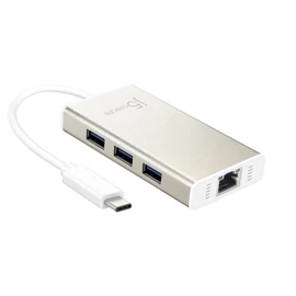j5create JCH471, Vezetékes, USB C-típus, 10,100,1000 Mbit/s, IEEE 802.1Q, IEEE 802.3, IEEE 802.3ab, IEEE 802.3az, IEEE 802.3u, IEEE 802.3x, Alumínium, Fehér, 5 Gbit/s