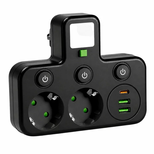 3 USB-s hosszabbító kábel 5 m, 5 db aljzattal, kapcsolóval, 2500 W 