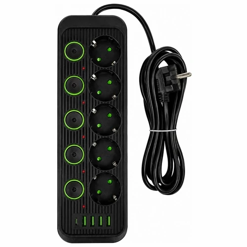 3 USB-s hosszabbító kábel 5 m, 5 db aljzattal, kapcsolóval, 2500 W 