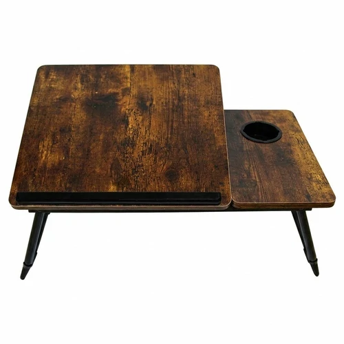 Barna összecsukható laptop asztal – állítható, pohártartós, vintage fa hatás, 56 x 33 cm