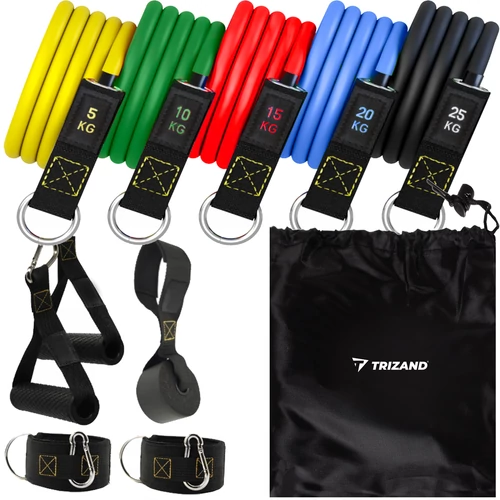 5 db-os Fitness Gumiszett 5-25 kg ellenállás 2 fogantyú fitness+crossfithez ajtó rögzítővel tokkal
