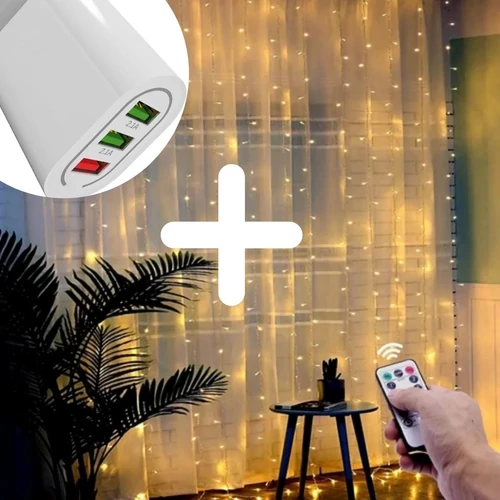300 micro LED-es USB-s beltéri fényfüggöny, 8 világítási móddal, távirányítóval, meleg fehér
