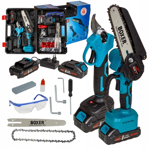 Boxer 2in1 akkus mini láncfűrész, ágvágó, és akkus metszőolló 2 db Li-ion akkuval, 24 V, 2 db vezetősínnel és lánccal, BX-3300