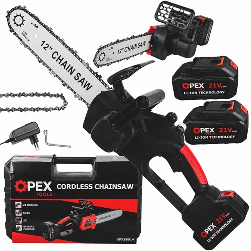 OpexTools Akkus láncfűrész 2 db 21V 3.0Ah akkuval, szénkefementes motorral, 12"
