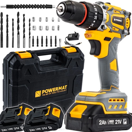 Powermat Akkus fúrócsavarozó, 2 db 21 V, akksival, 55 Nm, 10 mm-es gyorskioldó tokmány, Fúrószárral bit fejekkel, PM-WA-21V-2M