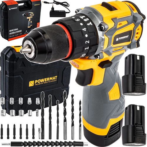Powermat Akkus fúrócsavarozó, 2 db akksival, 40 Nm, 10 mm-es gyorskioldó tokmány, Fúrószárral bit fejekkel, PM-WA-16,8V-1,5M