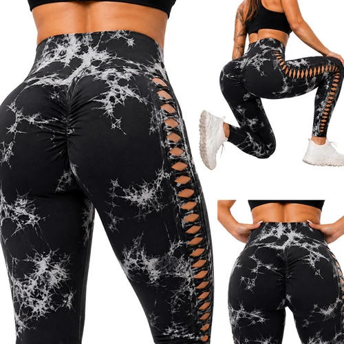 Női márvány push-up magas derekú has és fenék formáló fitnesz leggings S/M, fekete