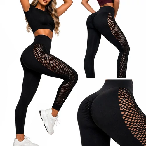Női push-up magas derekú has és fenék formáló fitnesz leggings S/M, fekete 14673
