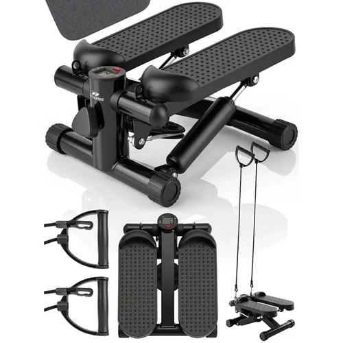 BodyStep Otthoni Stepper állítható ellenállással csúszásmentes pedálokkal, LCD kijelzővel és rugalmas kötelekkel a karok edzéséhez, fekete