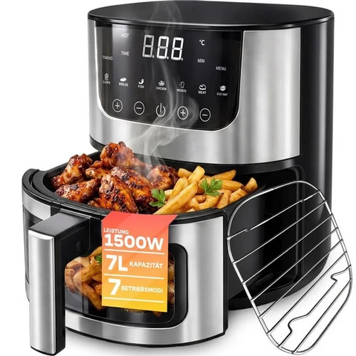 AIRFRYER fritőz 7 literes tállal 7 program érintőképernyős kijelző tapadásmentes 1500 W-os