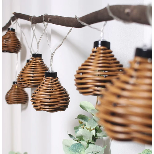 10 LED-es elemes rattan lampion fényfüzér, 3,5 m, fehér