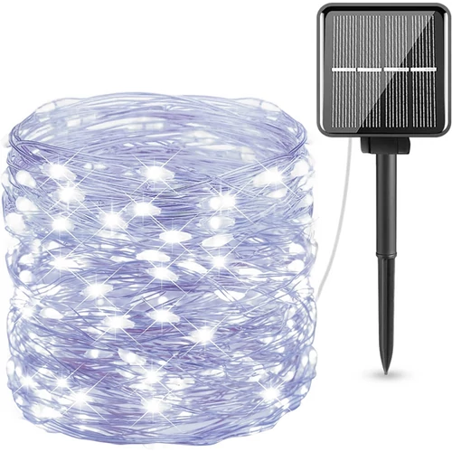300 micro LED-es, napelemes dekor fényfüzér, hideg fehér, 30m