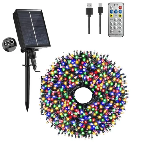 Hybrid tölthető-napelemes 240 LED-es 10,8 m hosszú fényfüzér, RGB színes, 8 világítási móddal, időzíthető, távvezérlős