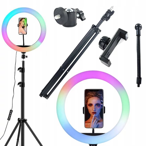 Állítható okostelefon állvány + selfie gyűrűs, LED RGB lámpa