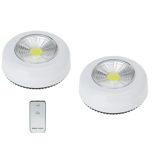 2 db-os elemes öntapadós, 12 COB LED-es nyomógombos lámpa készlet, távirányítóval