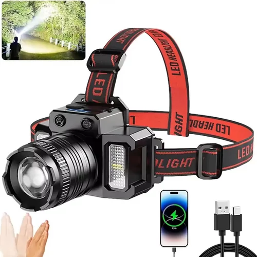 Extra erős  GENETIC® fejlámpa, USB-s XML, T6 LED-es fényszóró, 5 üzemmód, mozgásérzékelővel, IPX44