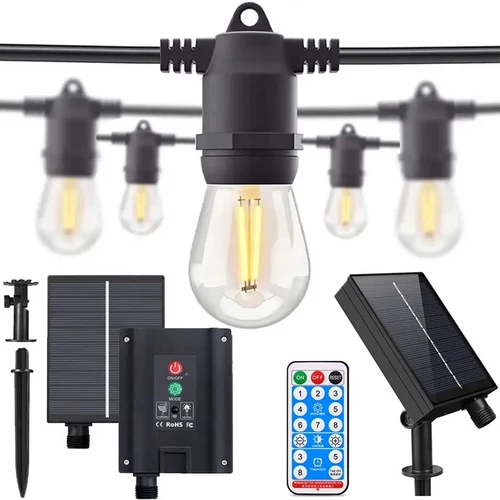 20 m-es 20 LED izzó E27 fényfüzér, hybrid tölthető-napelemes, meleg fehér, 8 féle fényjátékkal, időzíthető, távvezérlős, IP44
