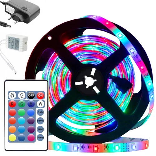 4,5 m RGB SMD 3528 vágható 300 LED-es szalag, hálózati adapterrel, távirányítóval, színes