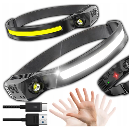 Erős COB LED fejlámpa, mozgásérzékelős, USB C-s, 
