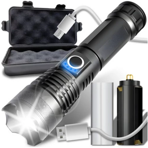 Extra erős vízállló taktikai LED zoom katonai zseblámpa, USB-s, 5 világítási móddal, IPX5
