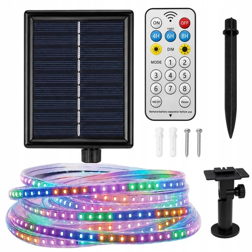 5 méteres kültéri vízálló IP65 LED szalag napelemes tápegységgel, RGB színes, távirányító, Időzíthető 4/6/8 órás működés, 8 féle fényjátékkal