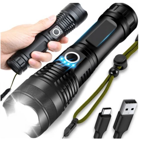 Extra erős vízállló taktikai LED zoom katonai zseblámpa, USB-s, 5 világítási móddal