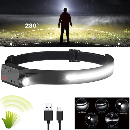 Erős COB LED fejlámpa, mozgásérzékelős, USB C-s, 6 világítási mód, 350 lm