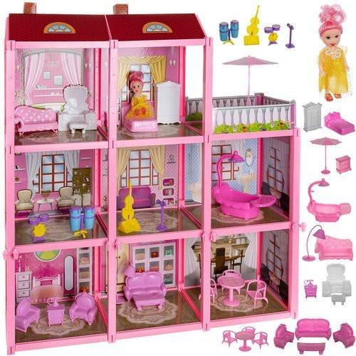 Többszintes játék babaház, 8 szoba + terasz + baba + berendezés